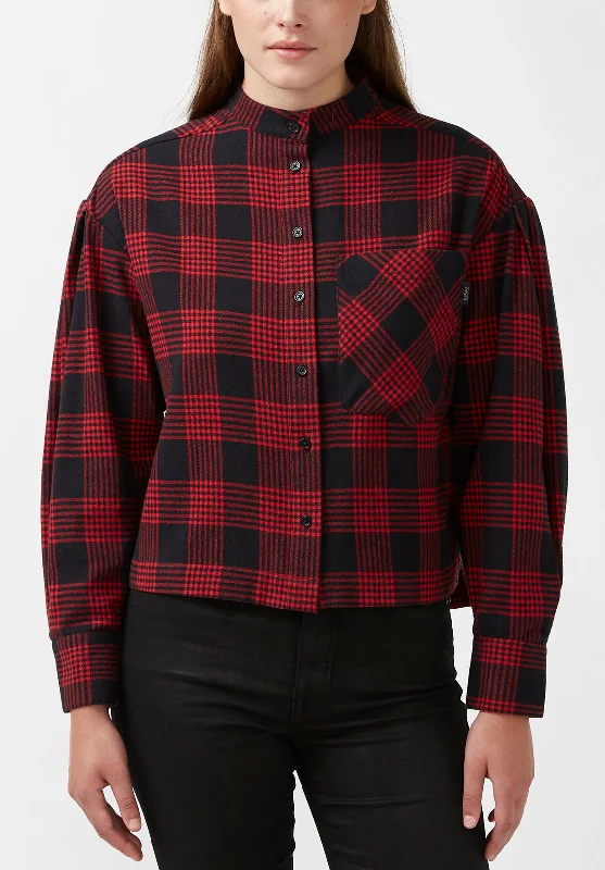 Ellera Women's Long-sleeve Shirt in Black and Red Plaid - WT0069F Elegant High-Low Short Shirt Ellera Women's Long-sleeve Shirt in Black and Red Plaid - WT0069F Elegant High-Low Short Shirt