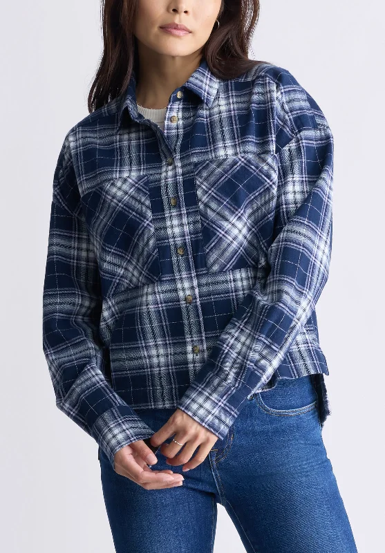 Enid Women's Boxy Plaid Shirt, Navy - WT0126F Stylish Striped Short Sleeve