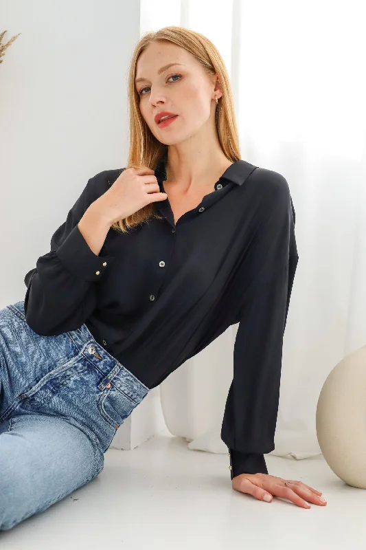 Enteliér Silk Shirt Black Stylish Printed Short Shirt