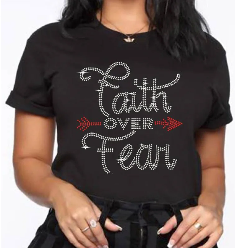 Faith Over Fear Rhinestone T-shirt, Short Sleeve Crew Neck Casual Top V-Neck T-Shirt Long Sleeve Cotton