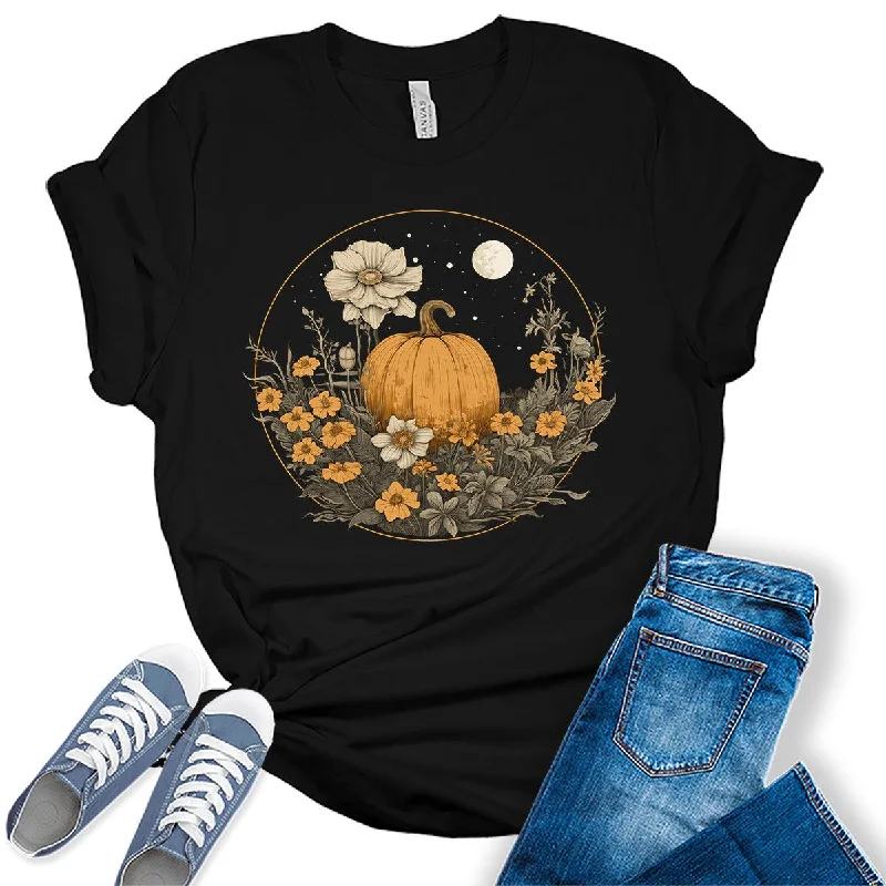 Pumpkin Cottagecore T-Shirt Womens Graphic Tees Vintage Flower Fall Shirts Girls Vintage Halloween Thanksgiving Tops Ribbed T-Shirt High Neck Heavyweight