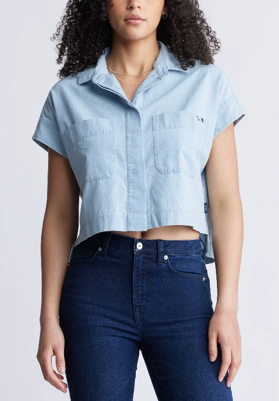 Fenella Women's Short Sleeve Crop Shirt, Blue - WT0088S Classic Denim Short Sleeve