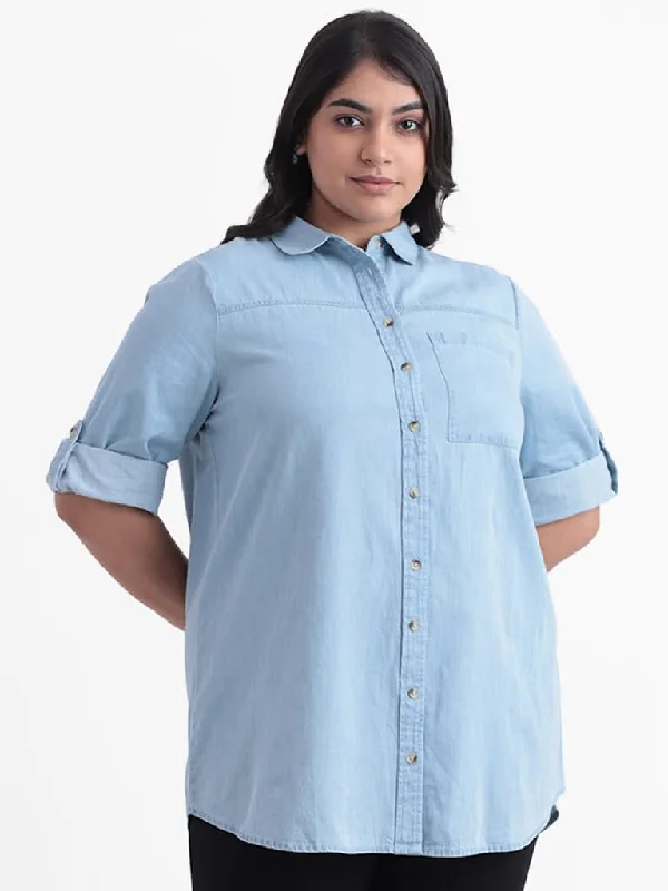 Gia Blue Relaxed Fit Denim Blouse Shirt Trendy Print Short Sleeve