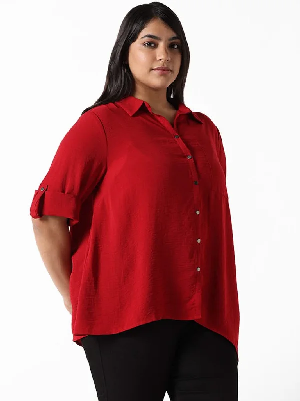 Gia Red Wrinkled Relaxed Fit Shirt Comfortable Peplum Short Shirt