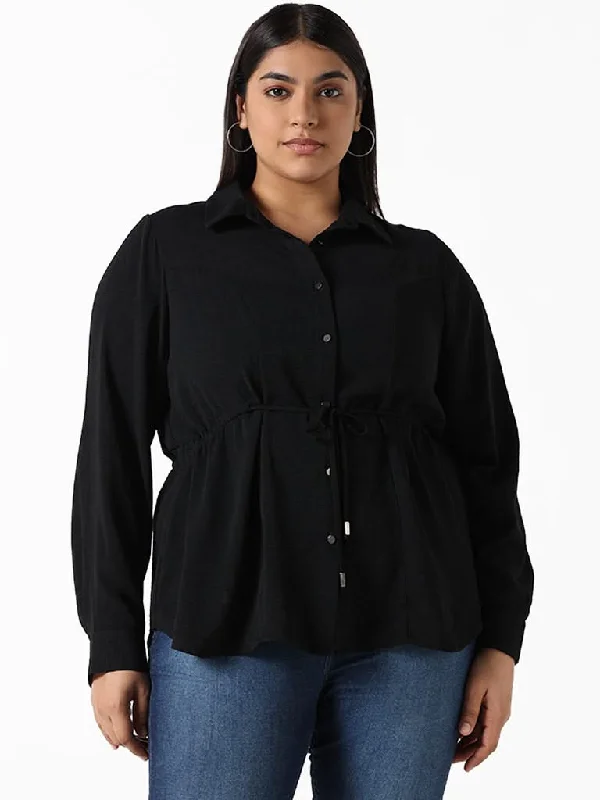 Gia Solid Black Elasticated Shirt Relaxed Cotton Short Shirt