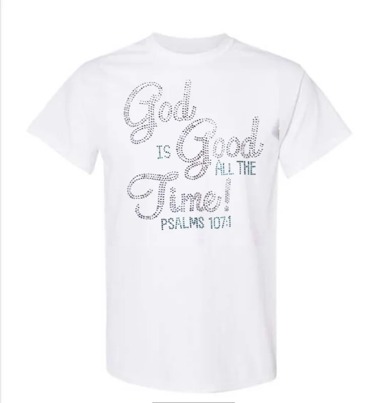 GOD IS GOOD ALL THE TIME 100% Cotton T-Shirt with Rhinestones Asymmetrical Pockets Print