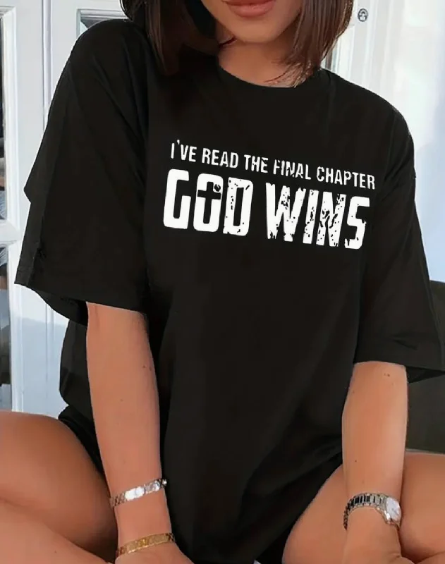 God Wins Print T-shirt, Drop Shoulder Crew Neck Casual Top For Summer & Spring, Women's Clothing Denim Fabric Leather Fabric Suede Fabric