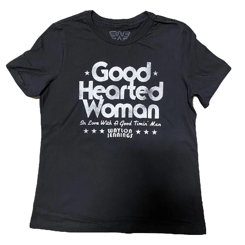 Good Hearted Woman Waylon Jennings Womens Tee Shirt (Black) Chic Silk Short Sleeve Shirt