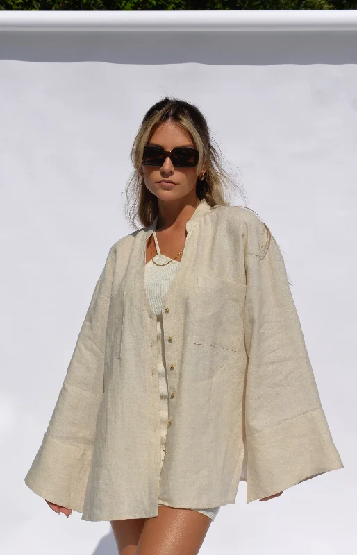 Serena Linen Shirt Beige Comfortable Loose Short Sleeve