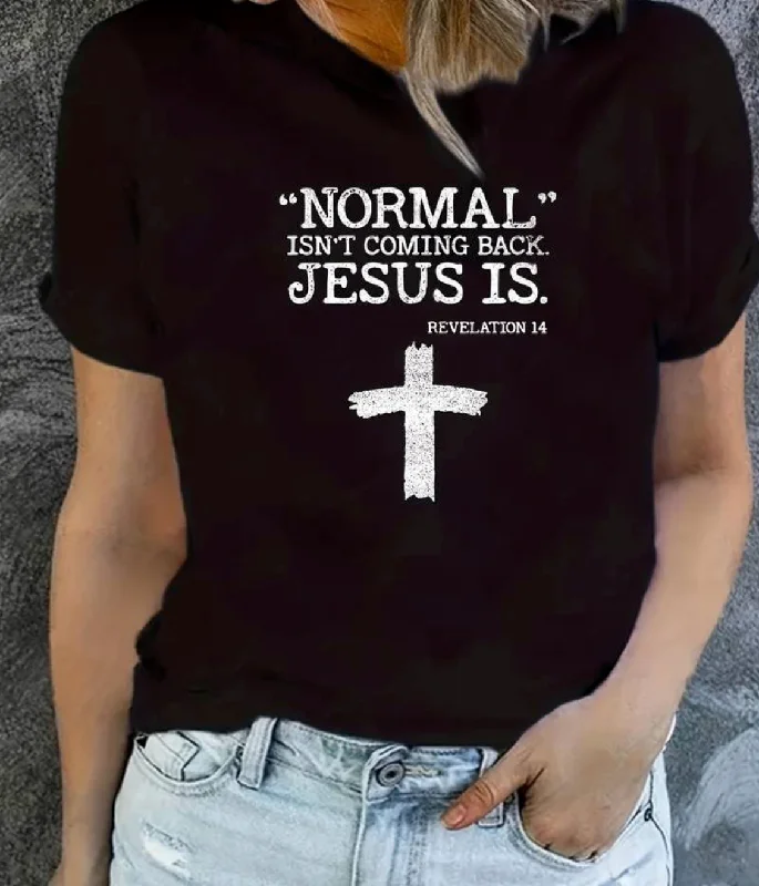 Jesus Is Print Faith Graphic T-Shirt, Short Sleeve Crew Neck Casual Top For Spring & Summer, Women's Clothing Handmade Hand-knitted Hand-woven