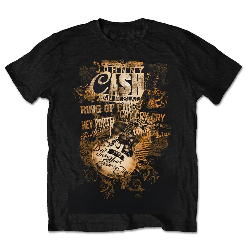 Johnny Cash | Official Band T-shirt | Guitar Song Titles Spandex Blend Rayon Blend Denim Blend