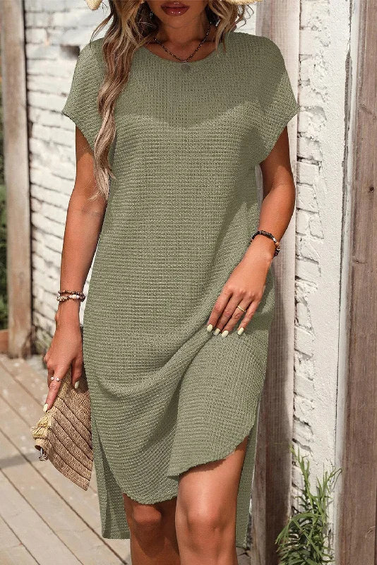 Waffle Texture Curved Hem Side Slit T-shirt Dress Plaid T-Shirt Polka Dot Checkered
