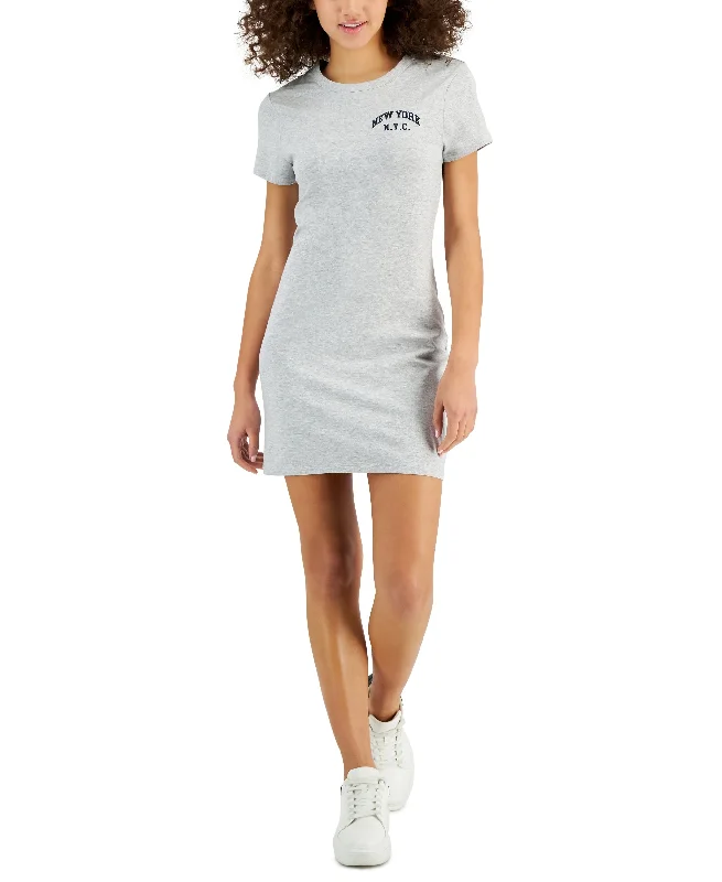 Juniors' Embroidered NYC T-Shirt Dress Collared T-Shirt Boat Neck A-Line