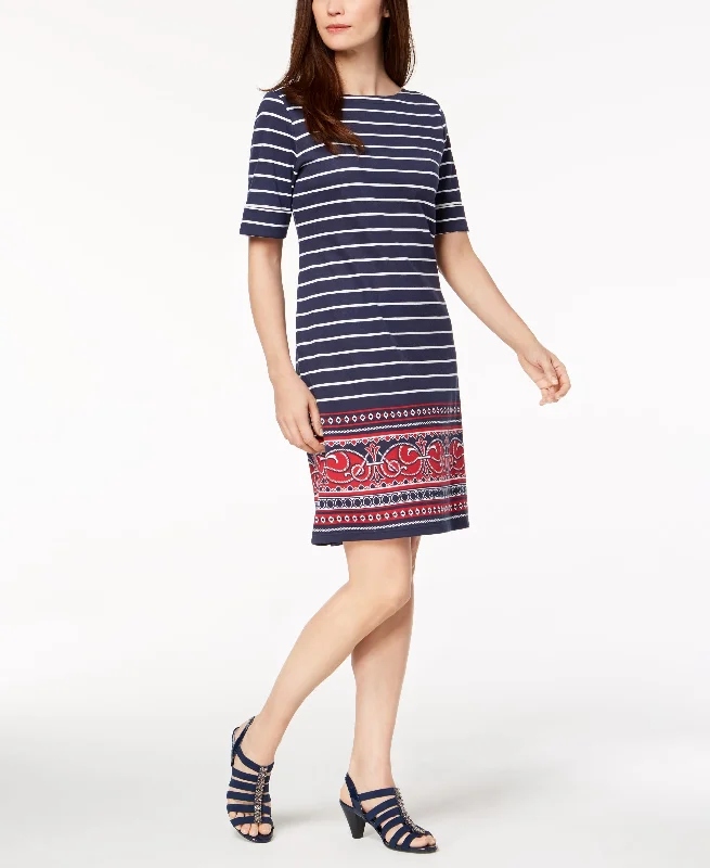 Karen Scott Striped Border Print T-Shirt Dress Striped Floral Plaid