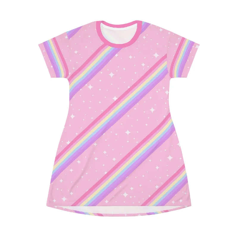 Kawaii Sparkle Cake Rainbow Beam All Over Print T-Shirt Mini Dress Elegant Classic Vintage