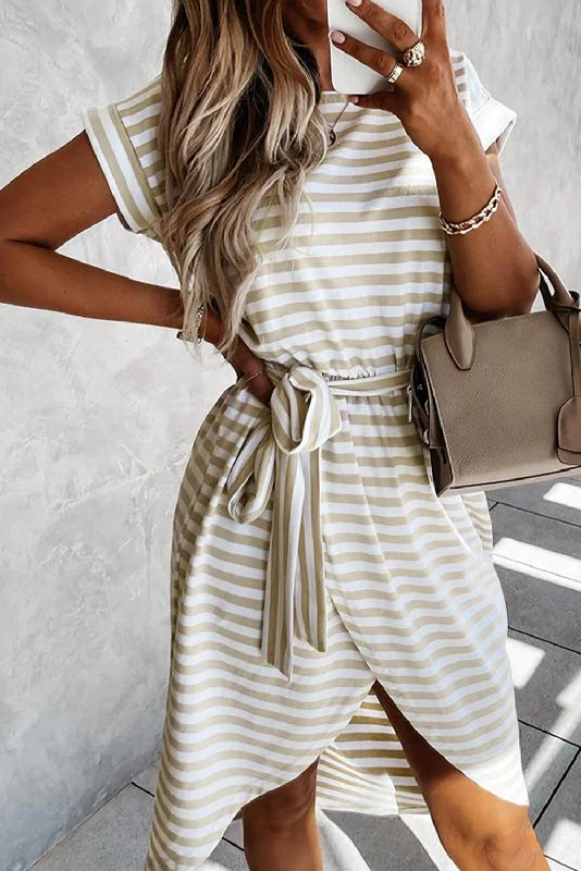 Khaki Stripe Short Sleeve Belted Wrapped Hemline T-Shirt Dress Machine Wash Dry Clean Hand Wash Khaki Stripe Short Sleeve Belted Wrapped Hemline T-Shirt Dress Machine Wash Dry Clean Hand Wash