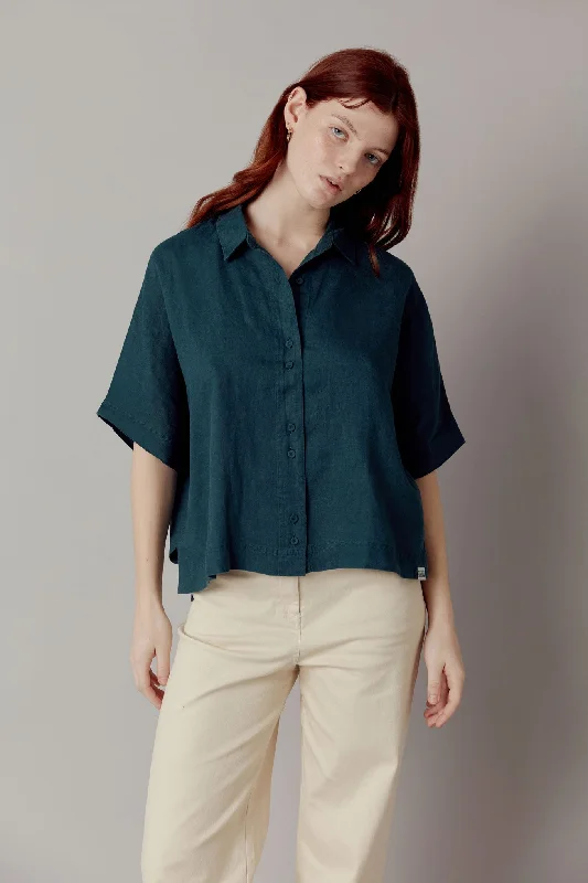 Kimono Organic Linen Shirt Teal Green Fashionable Plaid Short Sleeve