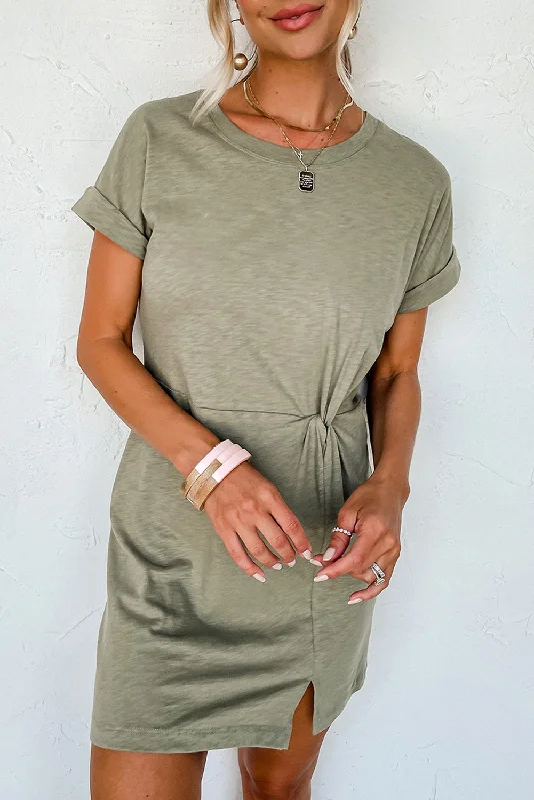 Folded Sleeve Twisted Mini T-Shirt Dress Welt Pockets Slit Pockets Flap Pockets