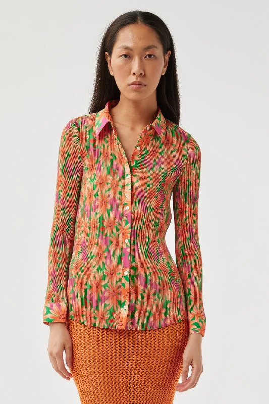 Leo & Ugo OE871 Pink Orange Floral Pleat Shirt Trendy Tie-Front Short Shirt