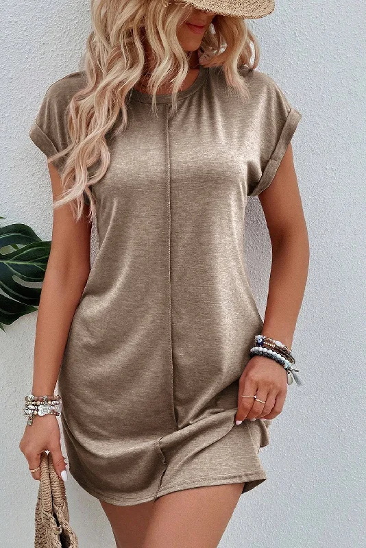 Light French Terry Center Seam Rolled Cuffs T-shirt Dress Houndstooth Herringbone Solid Light French Terry Center Seam Rolled Cuffs T-shirt Dress Houndstooth Herringbone Solid