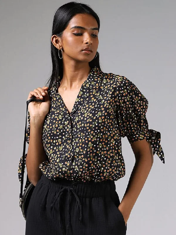 LOV Black Floral Printed Shirt Fashionable Pleated Short Shirt