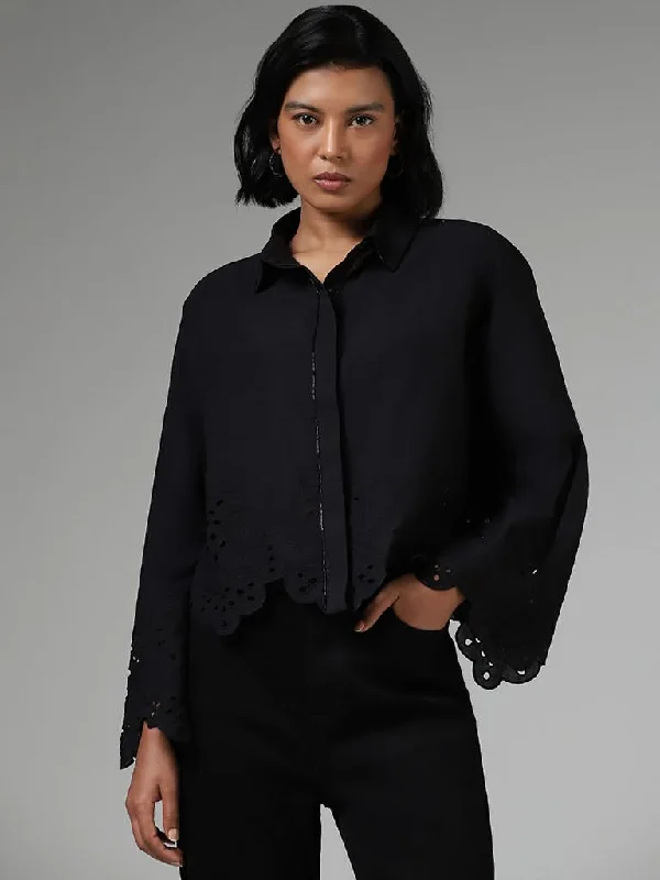LOV Cut-Work Embroidered Black Shirt Fashionable Tied Short Sleeve