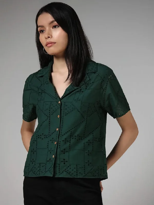 LOV Forest Green Schiffli Cotton Shirt Fashionable Short Sleeve Vest