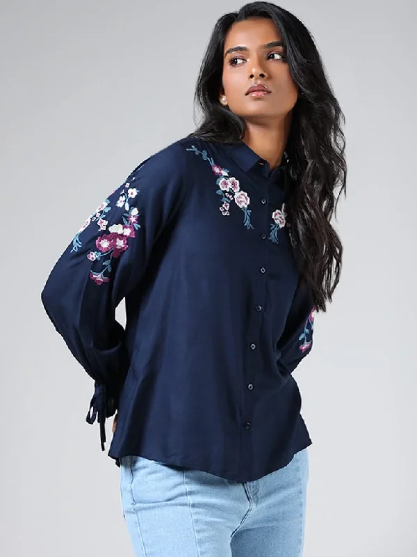 LOV Navy Blue Floral Embroidered Shirt Fashionable Plaid Short Sleeve
