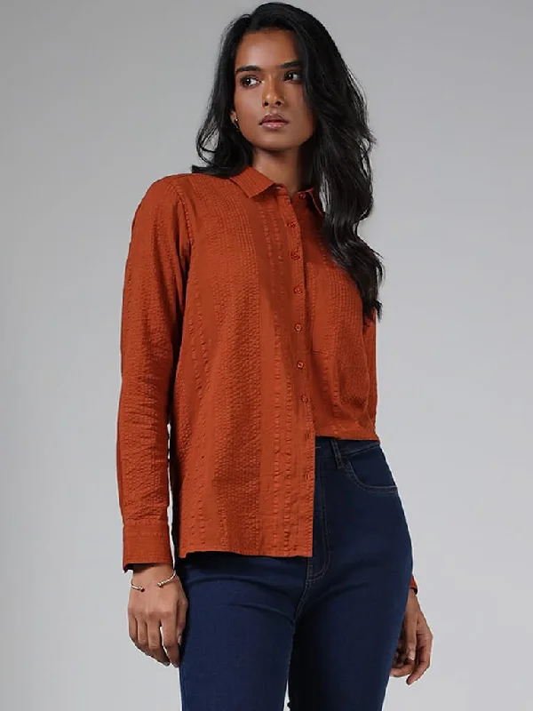 LOV Rust Striped Seersucker Shirt Comfortable Short Sleeve Blouse