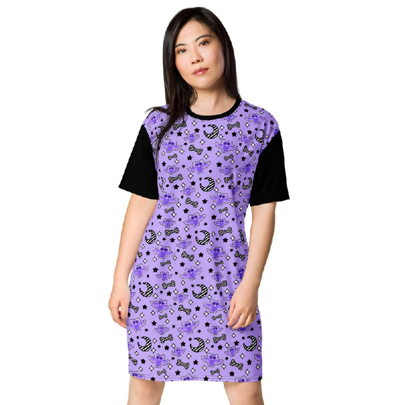 Magical Kawaii Spooky Bats Purple T-shirt dress Front Pockets Side Pockets Patch Pockets Magical Kawaii Spooky Bats Purple T-shirt dress Front Pockets Side Pockets Patch Pockets