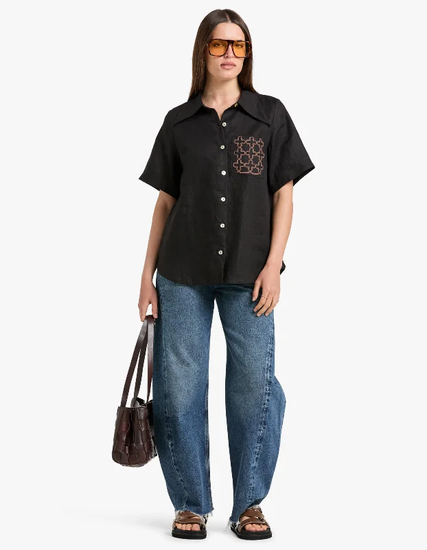 Tegan Shirt - Black Embroidery Stylish Pleated Short Sleeve