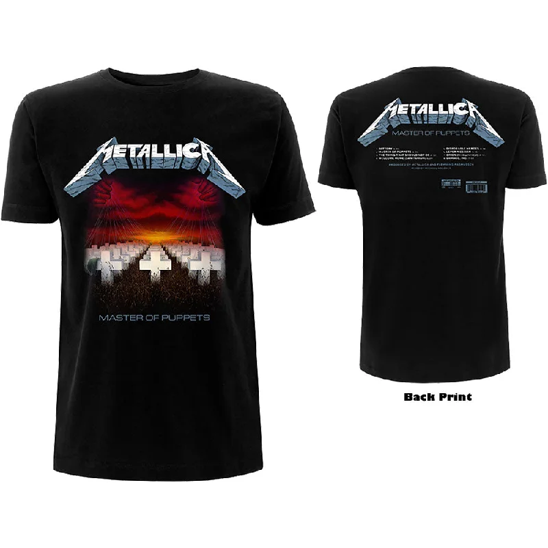 Metallica | Official Band T-Shirt | Master of Puppets Tracks (Back Print) Hooded Caped Shawl Collar