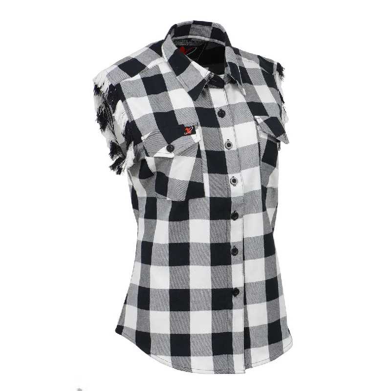 Milwaukee Leather MNG21625 Women's Flannel Down Sleeveless Shirt w/ Button Black / White & Cut Off Frill Arm Hole Modern Short Sleeve Top Milwaukee Leather MNG21625 Women's Flannel Down Sleeveless Shirt w/ Button Black / White & Cut Off Frill Arm Hole Modern Short Sleeve Top