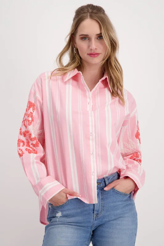 Monari 408509 Pink Smoothie Striped Sequin Detail Shirt Comfortable Loose Short Sleeve Monari 408509 Pink Smoothie Striped Sequin Detail Shirt Comfortable Loose Short Sleeve
