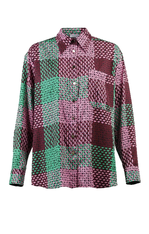 Morphini Oversized Shirt Checked Green Trendy Floral Short Sleeve