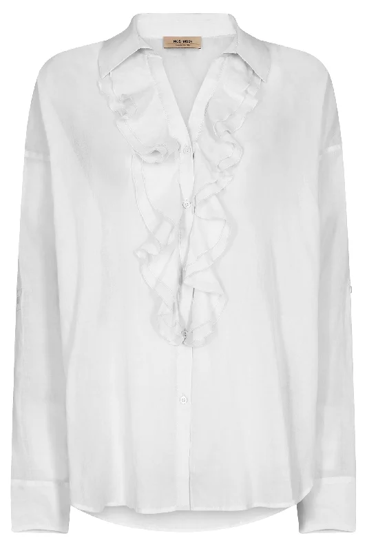 Mos Mosh 153740 MMJelena White Ruffle Front Voile Shirt Stylish Round Neck Shirt