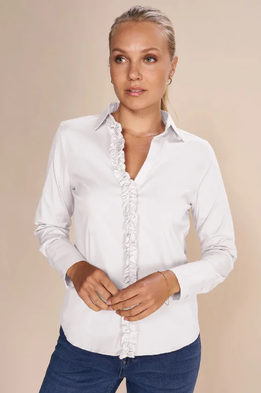 Mos Mosh 157840 MMSybel White Satin Ruffle Shirt Fashionable Short Sleeve Vest