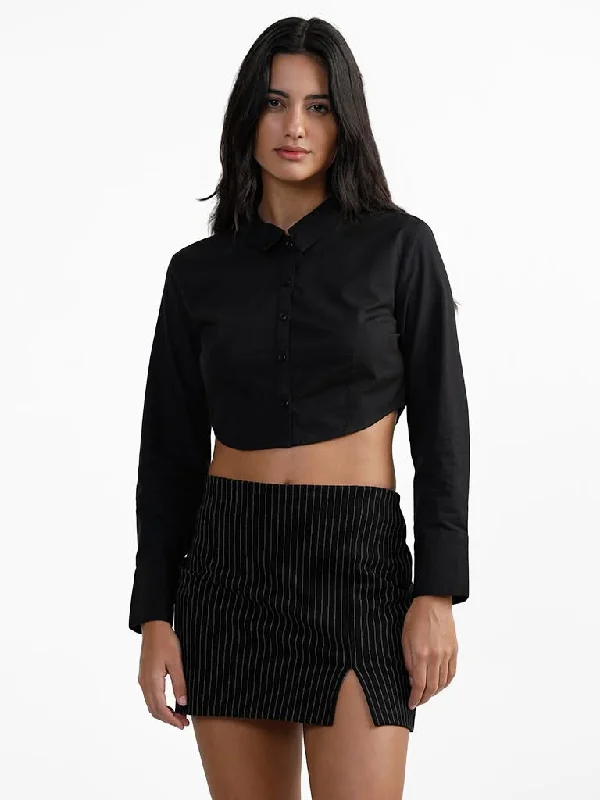 Nuon Black Cotton Crop Fit Shirt Stylish Casual Short Tee