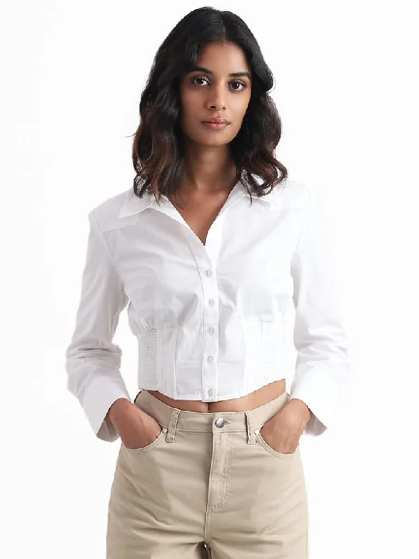 Nuon Solid White Crop Shirt Casual Plain Short Shirt
