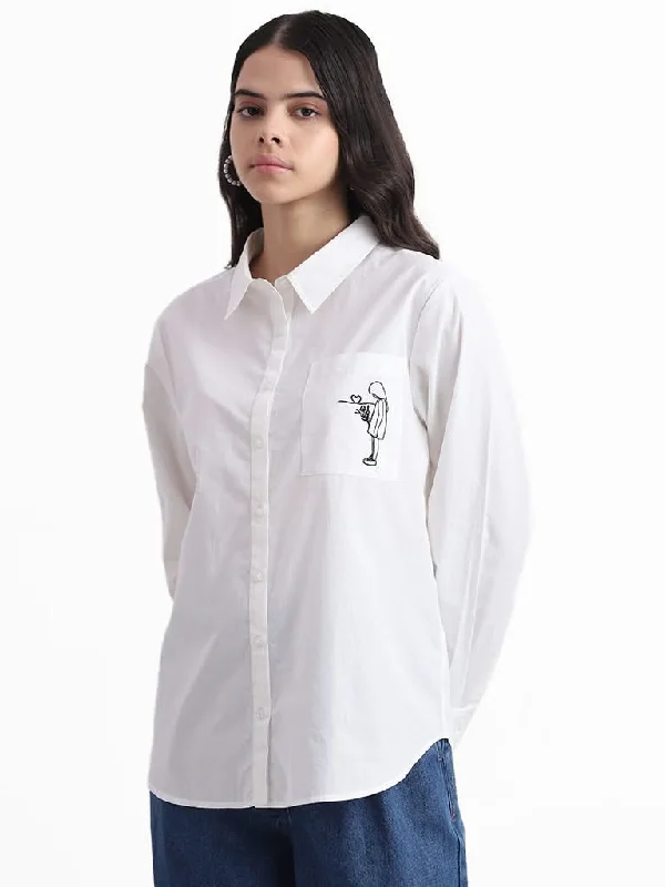 Nuon White Printed Cotton Relaxed Fit Shirt Casual Slouchy Short Sleeve