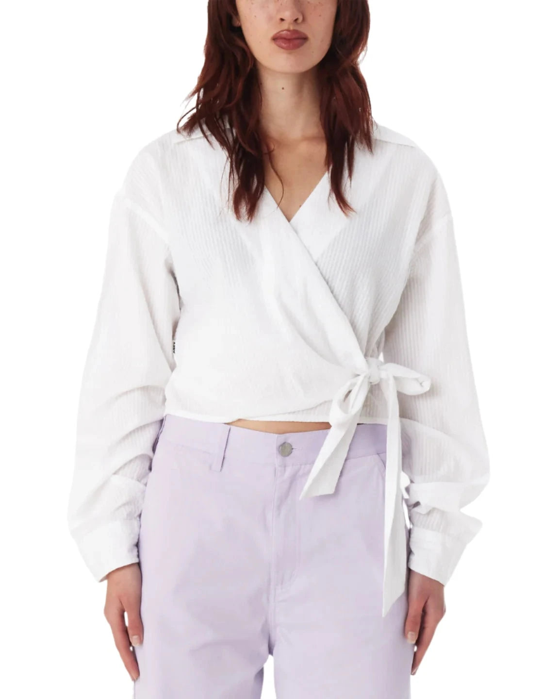 OBEY Women's Valentina Wrap Shirt White Relaxed Cotton Short Shirt