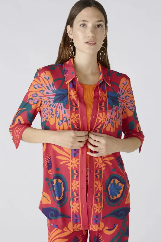 Oui 87420 Pink Orange Tropical Print Shirt Cozy Cotton Short Tee