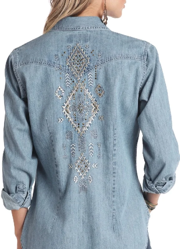 Panhandle Women's Denim Embroidered Snap Shirt Trendy Floral Print Tee