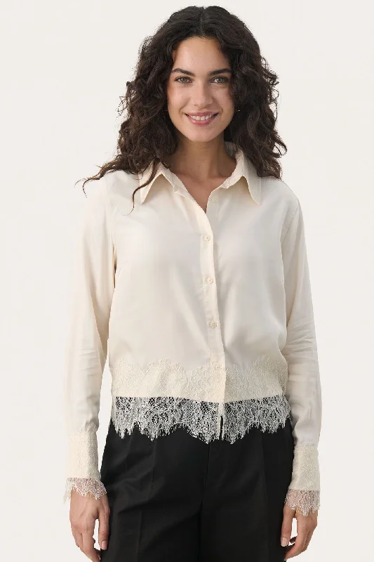 Part Two 30308879 LeninaPW Lace Hem Shirt Birch Cream Trendy Short Sleeve Tunic