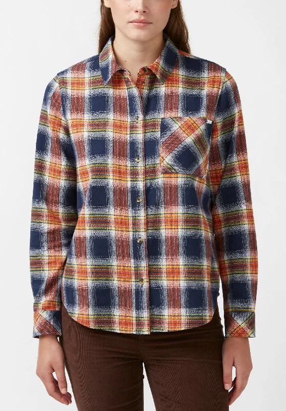 Percy Women's Button-Down Shirt in Navy Orange Plaid - WT0072F Classic Basic Short Shirt Percy Women's Button-Down Shirt in Navy Orange Plaid - WT0072F Classic Basic Short Shirt