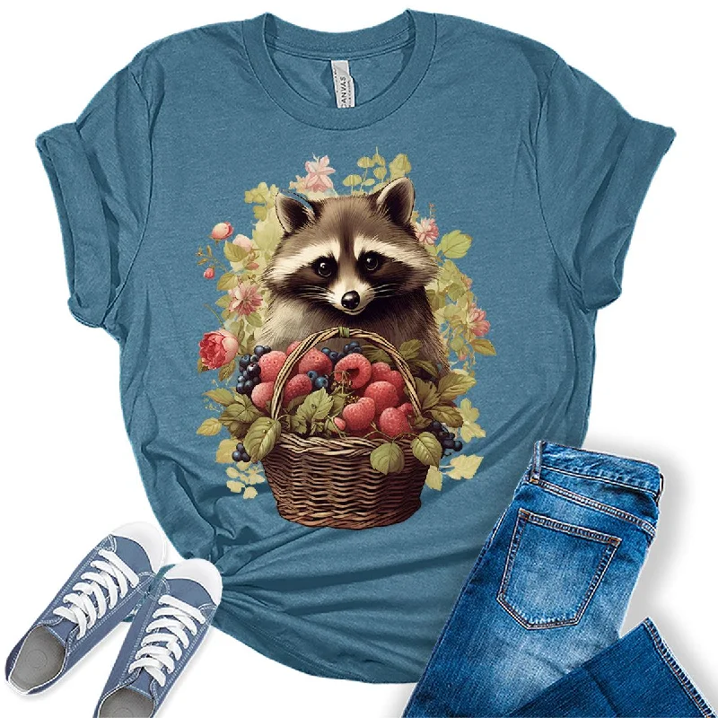 Raccoon Berries Floral Cottagecore Womens T-shirt Basic T-Shirt Crew Neck Short Sleeve