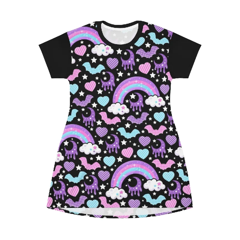 Rainbow Spooky Bats Black All Over Print T-Shirt Mini Dress Real Fur Shearling Chenille Rainbow Spooky Bats Black All Over Print T-Shirt Mini Dress Real Fur Shearling Chenille