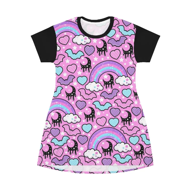 Rainbow Spooky Bats Pink All Over Print T-Shirt Mini Dress Chenille Blend Fleece Blend Nylon Blend Rainbow Spooky Bats Pink All Over Print T-Shirt Mini Dress Chenille Blend Fleece Blend Nylon Blend