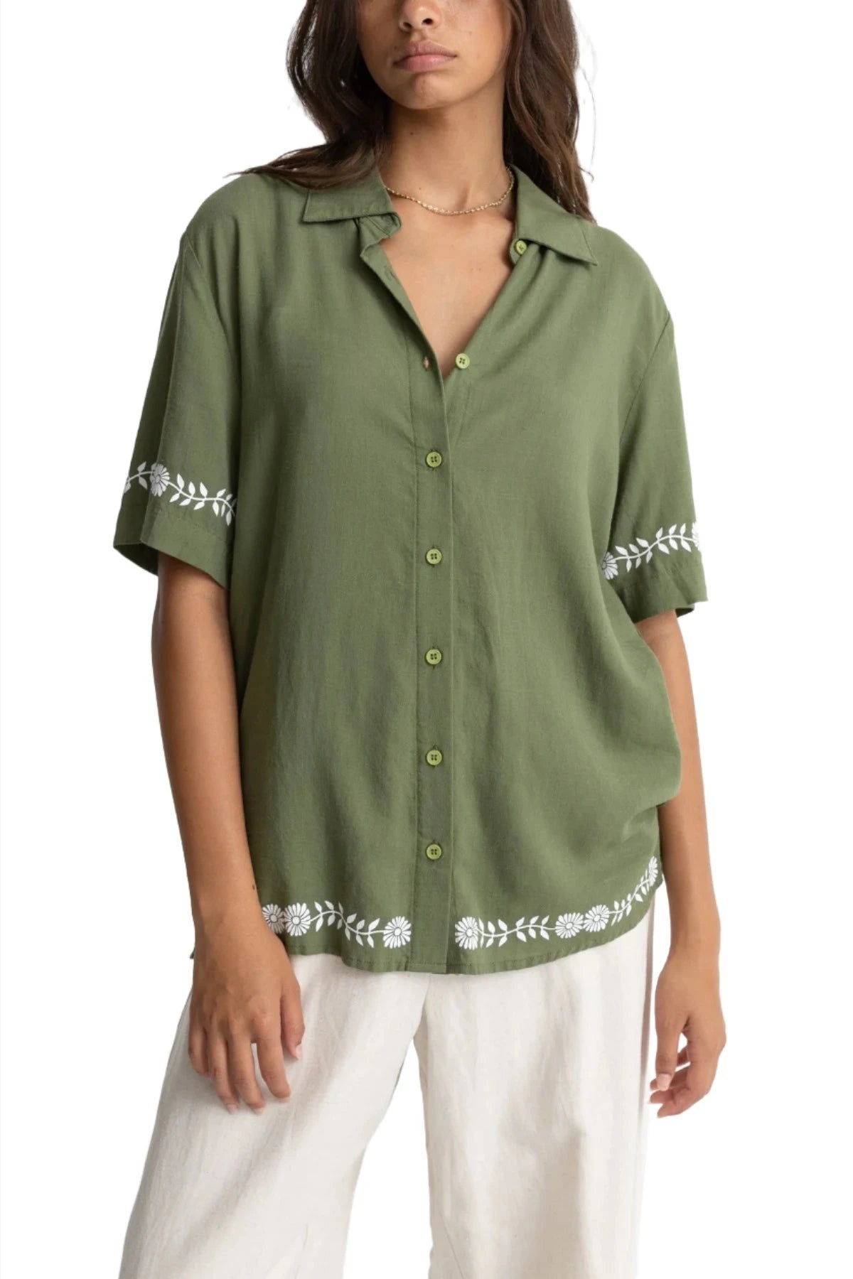 RHYTHM Women's Juno Short Sleeve Shirt Olive Cozy Loose Fit Short Sleeve