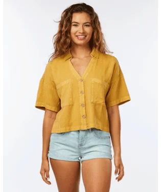 RIP CURL Women's Premium Linen Shirt Gold Fashionable Cuffed Short Sleeve